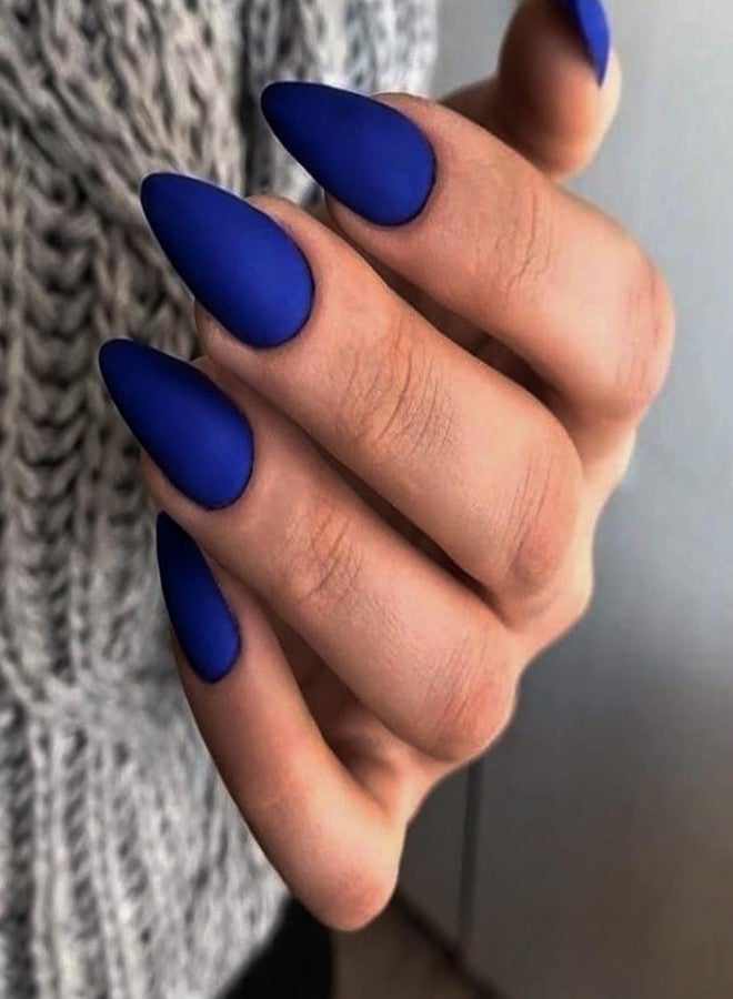 KXAMELIE Matte Royal Blue Press on Nails Almond Shaped Medium Almond Nails Press on Neutral Acrylic Nails Reusable Fake Nails for Women Glue on Nails Medium Length Stiletto False Nails Gel Artificial Nails - Image 3